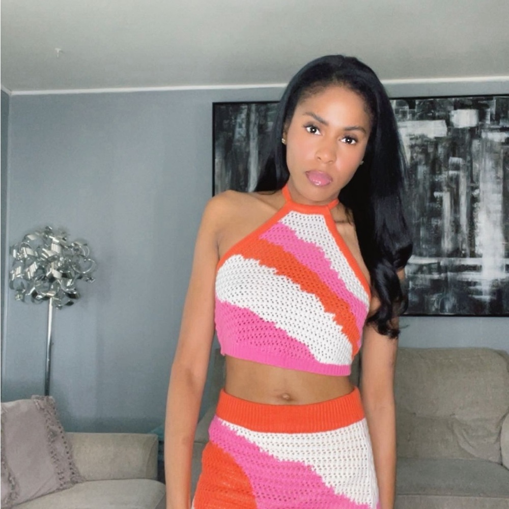Fashion Nova Pink and Orange Crochet Skirt Set